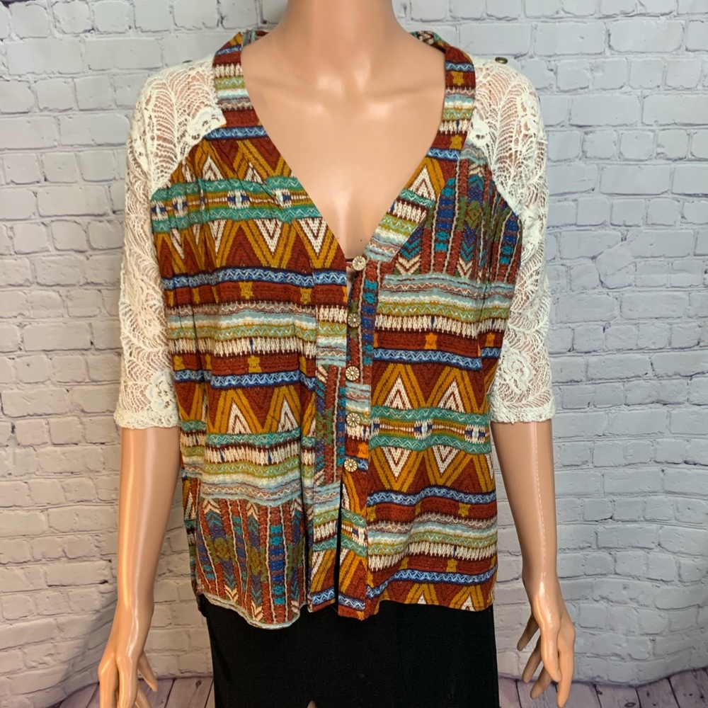 Colorful boho vintage look top with knitted sleeves BKE size XS retro